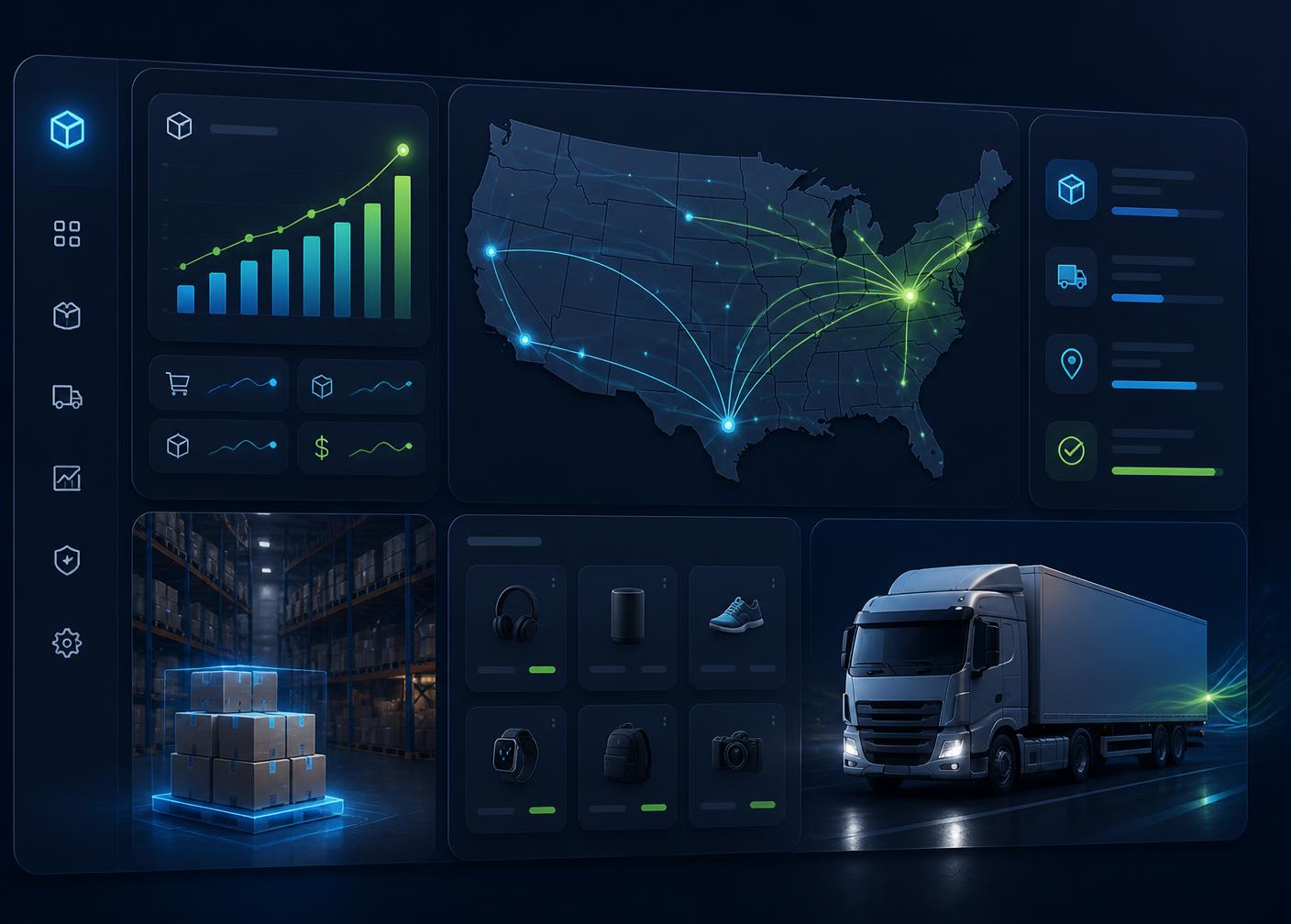 ZyvexRush BD warehouse dashboard showing US shipping routes, live order analytics, and same-day fulfillment